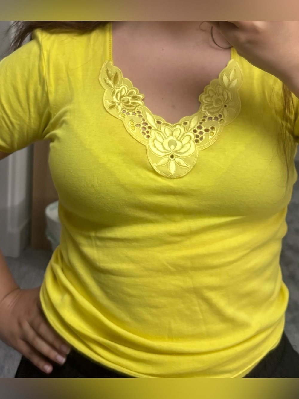 Bright Yellow 100% cotton Embroidered V-Neck Top